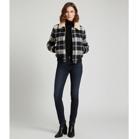 Sandro Paris Plaid Wool Bomber Jacket Real Shearling Collar Size 2 Blue/White - Picture 1 of 7